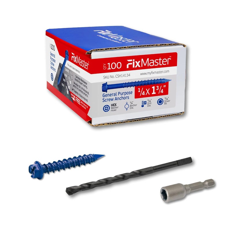 FixMaster 1/4 x 1-3/4 Hex Head Blue Concrete Screw Anchors (100 pcs Screw Kit) with one Screwdriver and Drill Bit for Concrete, Masonry, Block, Brick and Wood Fastening - Image 1